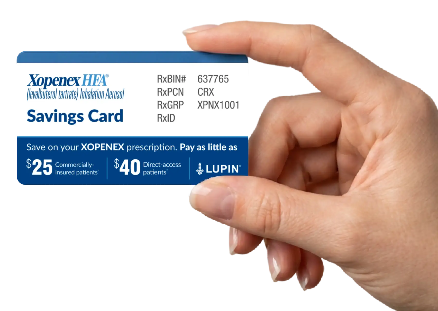 A hand holding the Xopenex HFA Savings Card