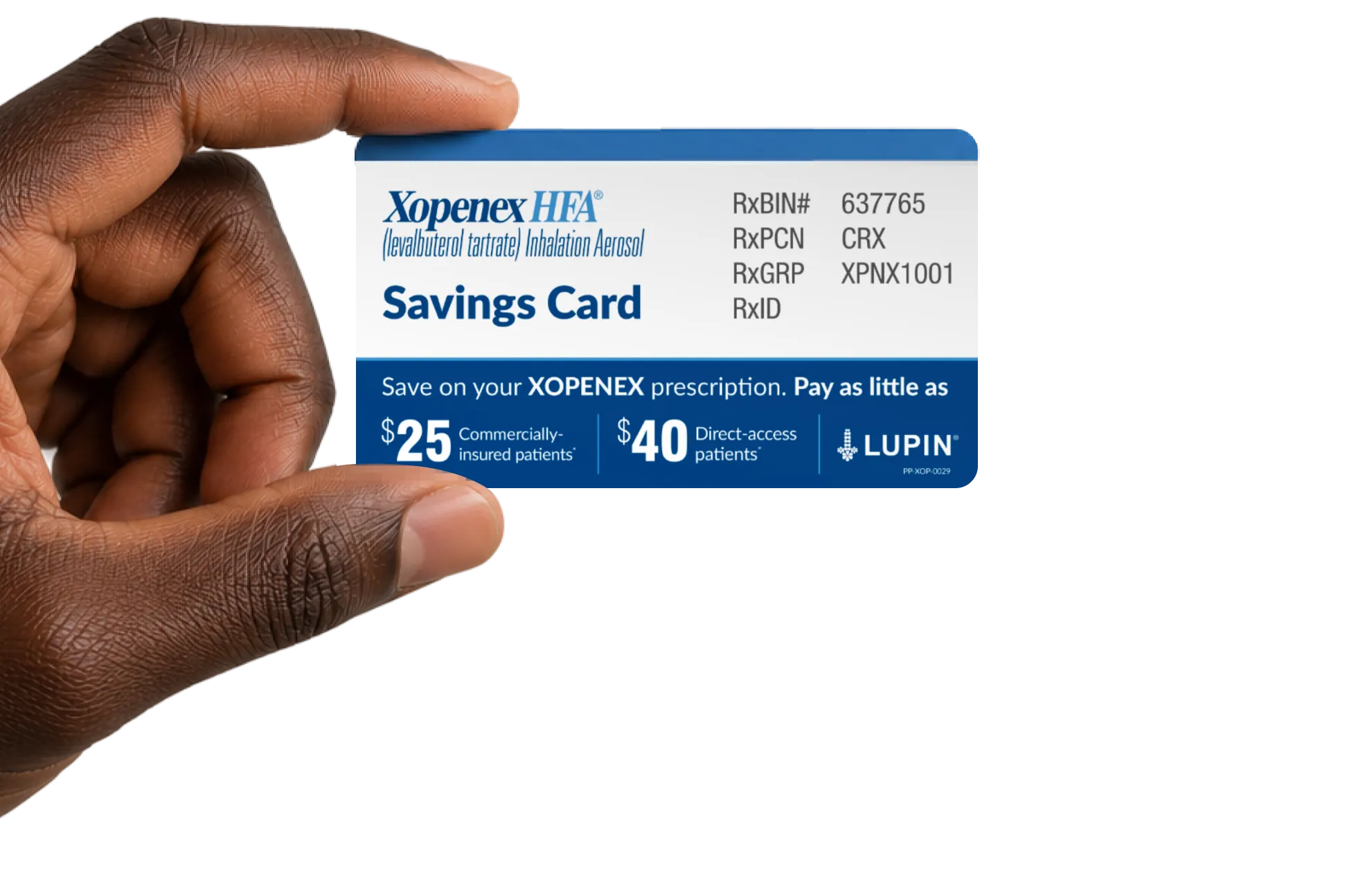 A hand holding the Xopenex HFA Savings Card
